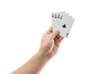 Playing cards in hand isolated on white background