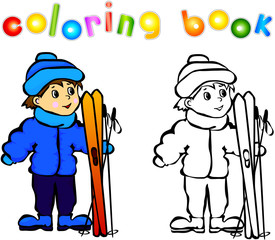 Boy standing with skis coloring book