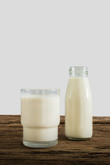 fresh milk in glass bottle and glass