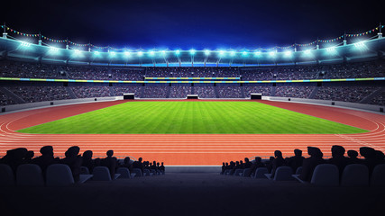 athletics stadium with track and grass field at side night view © LeArchitecto