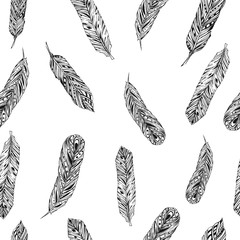 Hand drawn feathers seamless pattern