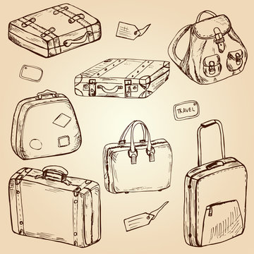 Hand drawn suitcases and bags for travel