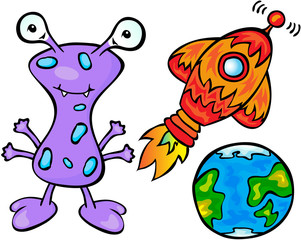 Alien, rocket and Earth