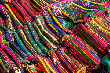 Picture of Bulgarian hand-made rag-carpets, different colors, detail