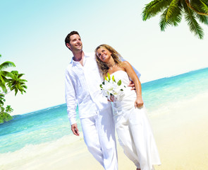 Honeymoon Couple Romantic Walking Summer Beach Concept