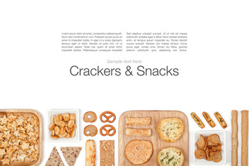 crackers and snacks on white background 