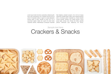 crackers and snacks on white background 