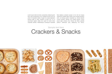 crackers and snacks on white background 