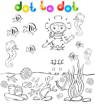 Underwater world with diver dot to dot