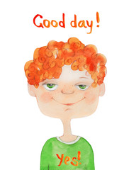 Boy Portrait with red curly hair. Watercolor