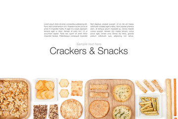 crackers and snacks on white background 