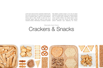 crackers and snacks on white background 