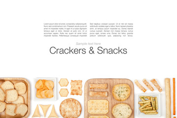 crackers and snacks on white background 