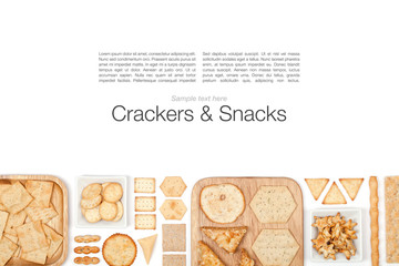 crackers and snacks on white background 