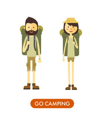 Flat cartoon couple with hiking equipment isolated on white