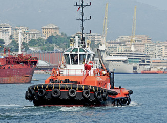 A tugboat at work in the port. 