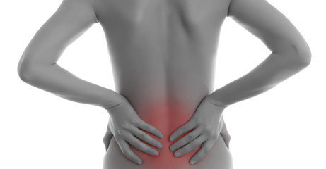 Naklejka premium Woman showing pain in back .Medical concept