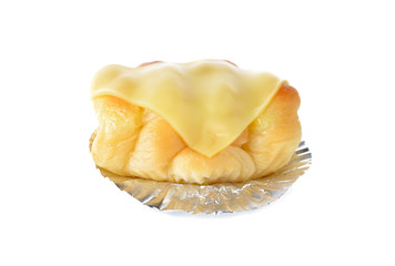 bread hot dog with cheese on foil with white background
