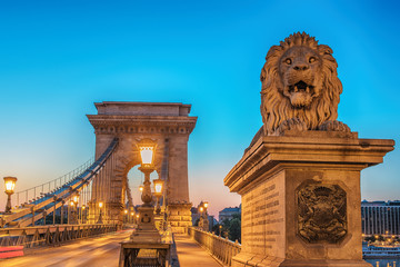 Budapest, Hungary. The Szechenyi Chain Bridge in in the sunrise
