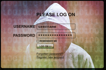 Internet login screen with silhouette of a hacker