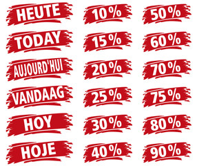 Heute Prozente in 6 Sprachen (DE, GB, FR, NL, ES, PT) und ein Prozente-Piktogramm in 12 abgestuften Prozentwerten auf rotem Wischer 