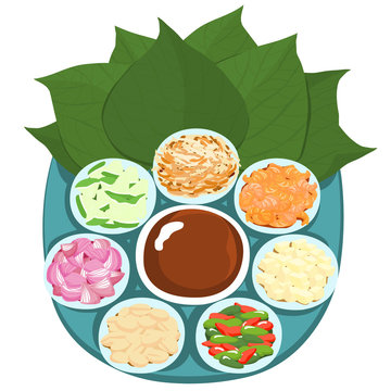 Leaf wrapped salad bite Thai appetizer vector illustration