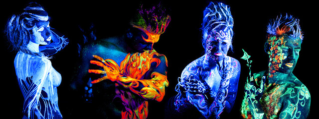 Four elements. Body art glowing in ultraviolet light