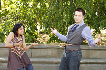 Woman can't get him to move.