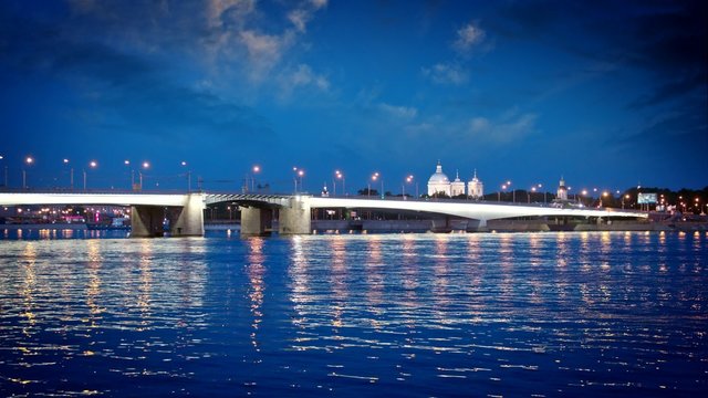 Russia, St. Petersburg, night landscape. View of the Foundry Bridge