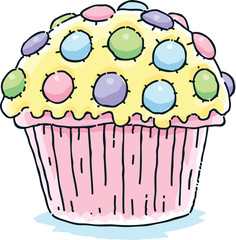 A delicious cartoon cupcake covered in rich icing and candy-coated chocolate treats.  
