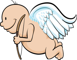 A cute cartoon Cupid holding a bow and flying with wings towards romance.