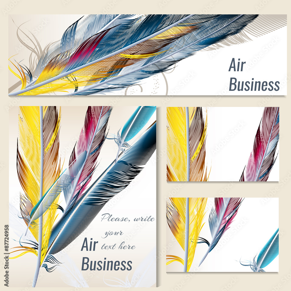 Poster Vector set of identity templates with colorful feathers