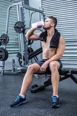 Fototapeta na wymiar Muscular man drinking protein cocktail