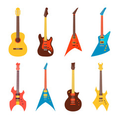 Naklejka premium acoustic and electric guitars set. flat style vector illustration