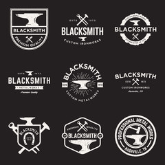 vector set of blacksmith vintage logos, emblems and design elements