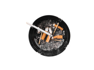 Black ashtray with cigarette butts.