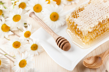 Honey comb and chamomile flowers