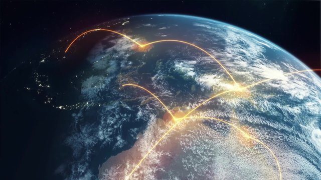 This high quality Full HD clip shows planet Earth from space as lines of travel, communication and commerce cross the globe to create a glowing network.