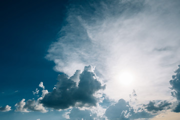 Fototapeta na wymiar blue sky background with sun and white clouds