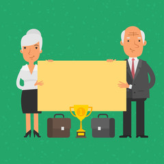 Old businessman and businesswoman holding blank poster