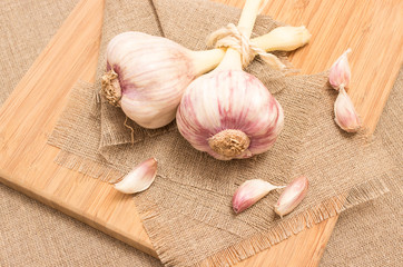 fresh garlic on canvas close up