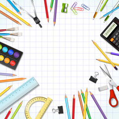 Back to school background with supplies tools.