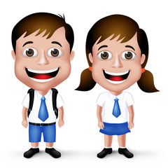 3D Realistic Cute School Boy and Girl Student Characters in School Uniform