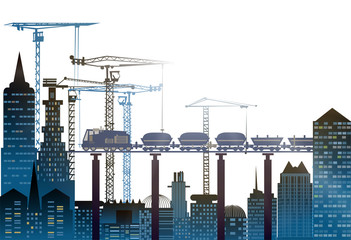 Obraz premium Train running through the city, industrial illustration