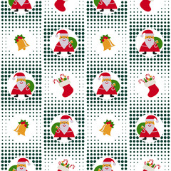Seamless Christmas Pattern With Santa Claus, Bells And Gifts On Background Pixel