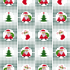 Seamless Christmas Pattern With Santa Claus, Christmas Trees And Gifts On Background Pixel