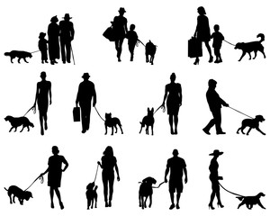 Black silhouettes  of people with dogs, vector