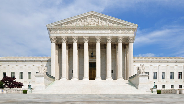 The front facade of the United States Supreme Court in Washington DC, USA.