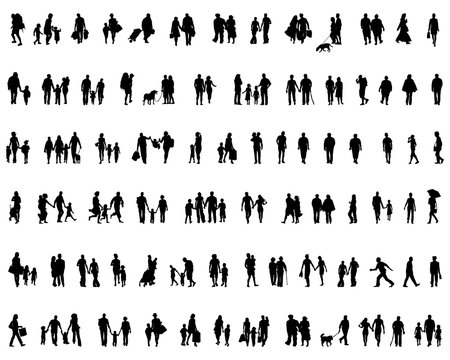 Black silhouettes of people walking, vector
