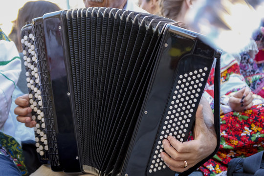 M&uacute;sico tocando el acorde&oacute;n en la calle. M&uacute;sico dando recital en el exterior. Primeros planos de un acorde&oacute;n.